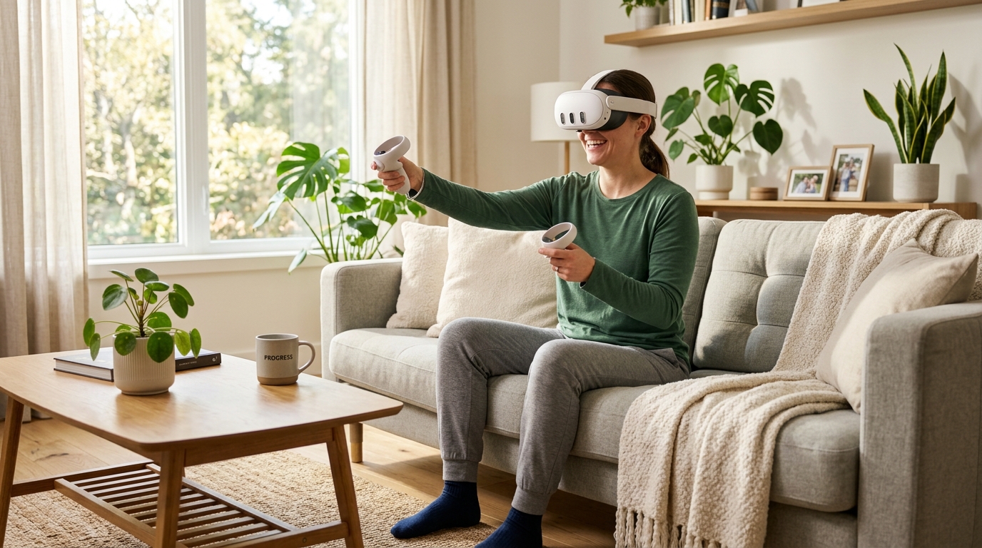 Person sitting comfortably in their living room at home, engaged in VR rehabilitation exercises